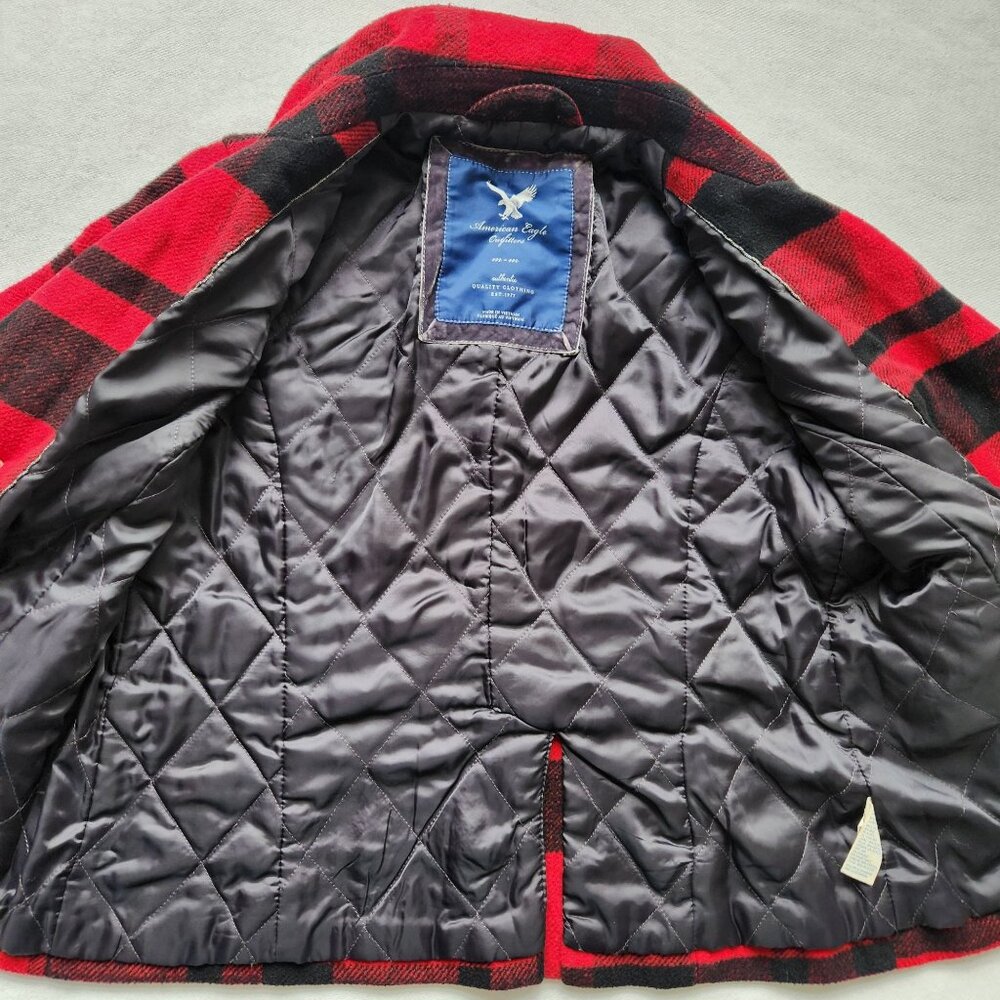 American Eagle Red Black Plaid Wool Peacoat Fall Winter Preppy Cabincore Cozy - Picture 6 of 11